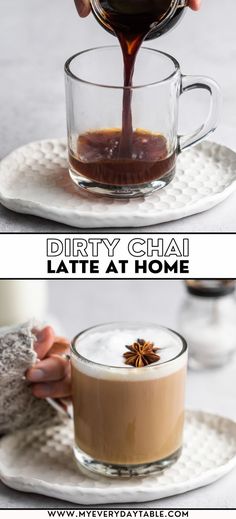 coffee being poured into a glass cup on top of a white plate with cinnamon sprinkles