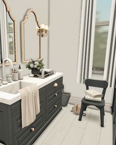 a bathroom with a chair, sink and mirror