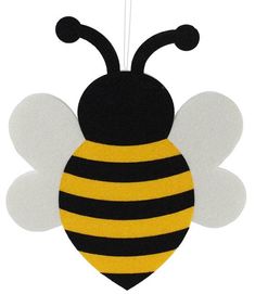 a black and yellow bee ornament hanging from a string on a white background