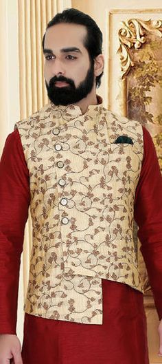 White and Off White color Nehru Jacket in Jacquard fabric with Printed work Luxury Festive Nehru Jacket With Buttons, Luxury Fitted Sleeveless Nehru Jacket, Elegant Gold Nehru Jacket Luxury Level, Luxury Red Nehru Jacket For Transitional Season, Engagement Reception, Reception Lehenga, Nehru Jacket, Nehru Jackets, Waist Chain