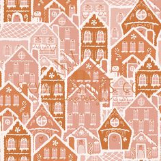 an orange and white house pattern on a pink background, with small houses in the middle