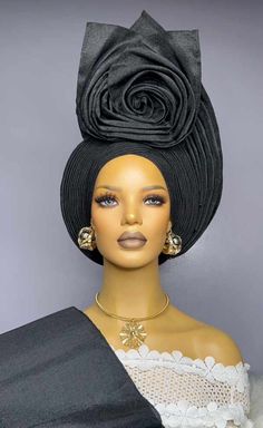 Headwrap for Black Women. Autogele Aso-Oke Black, Pre-Tied African Headwrap Headpiece Headband Headgear, Nigerian Yoruba Bride Gele NEED OTHER COLORS AND DESIGNS OF AUTOGELE HEADWRAPS, BRAIDED WIGS AND AFRICAN CORAL BRIDAL BEADS, VISIT OUR SHOP HERE: https://sereneafrica.etsy.com/ Features *100% genuine Aso-Oke. *Easy to tie and maintain. *Comfortable on the head. *Comes in plain Aso-Oke or embellished. *Embellished gele means the gele is decorated with stones and pearls.  *Sash is also the same Fitted Black Headwrap For Parties, Black Headband Turban For Party, Nigerian Head Wrap Styles For Wedding, Black Fitted Turban For Party, Adjustable Black Headwrap For Party, Simple Gele Styles Head Wraps, Elegant Black Headwrap Headband, Black Party Turban Headband, Gele With Hair Down