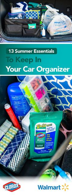 an open trunk filled with items and the words, 13 summer essentials to keep in your car organizer