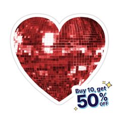 a red heart shaped sticker with the words buy 10 get 50 % off on it