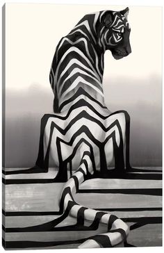 a black and white photo of a zebra sitting on top of a striped floor with its mouth open