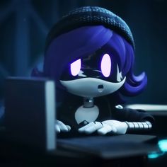 a cartoon character sitting at a desk with a laptop computer in front of her face