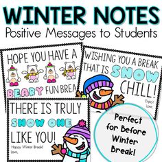 four winter notes for students to use in their writing and speaking skills, including snowman