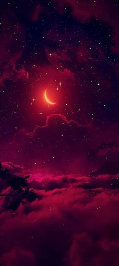 the night sky is filled with stars, clouds and a red moon in the distance