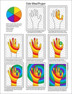 the instructions for how to draw hands with colored pencils and color wheel in each hand