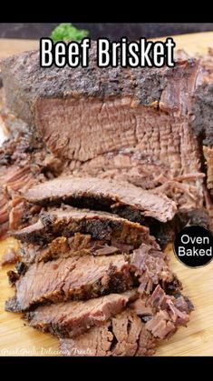 beef brisket sliced up on a cutting board with the words overlaying it