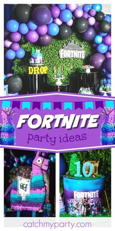 a purple and blue birthday party with balloons, streamers and decorations for fortnite