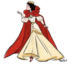 a drawing of a woman in a red and white dress with a crown on her head