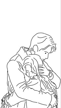 a black and white drawing of a man holding a baby