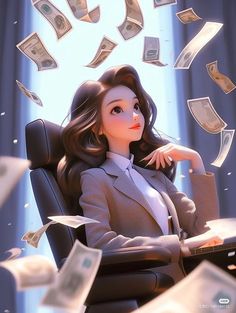 a woman sitting in a chair with money flying around her