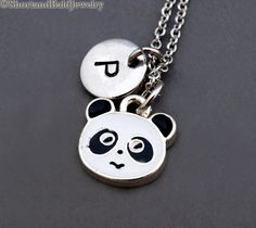 "❖ Panda Bear face charm in Silver plated and hand enameled. Approx: 1/2 X 7/16\" ❖ Hand Stamped Initial Charm - Antique Silver Pewter 3/8\" (9mm) ❖ Add a birthstone or Freshwater pearl for $3.50 https://www.etsy.com/listing/110444872 ❖ Additional Hand Stamped Initial Charms $4.50 each: https://www.etsy.com/listing/107021419 ❖ Go back to Short and Bald Jewelry http://www.etsy.com/shop/ShortandBaldJewelry ❖ Your purchase will arrive attractively packaged and ready to give. ❖ FREE shipping within Personalized Silver Charm Necklace In Enamel, Personalized Silver Enamel Charm Necklace, Personalized Silver Charm Necklace With Enamel, Nickel-free White Charm Necklace As Personalized Gift, Nickel-free White Charm Necklace For Personalized Gift, Personalized White Nickel-free Charm Necklace, Panda Face, Bear Face, Necklace Initial