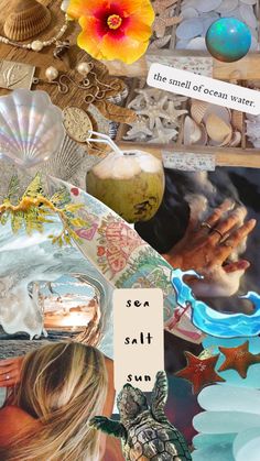 the collage is made up of many different pictures and words, including sea shells