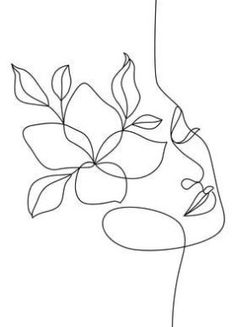 a line drawing of a woman's face with flowers in her hair