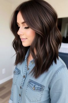 Fair Skin With Dark Hair, Brunette With Grey Eyes, Layered Medium Brown Hair, Dark Brown Hair Ideas For Fall, 2025 Brunette Hair Trends, Long Bob Hairstyles Brown Hair, Ways To Cover Gray Hair Dark Brown, Mid Length Hair Balayage Brunettes Dark Brown, Medium Length Dark Hair Styles