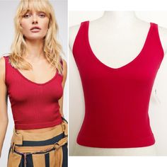 Free People Nwt Solid Rib Brami Sleeveless V Neck Stretch Cherry M/L New. Retail $28 New With Tags Style #Ob709176 One Part Bra, One Part Cami, This Brami Is Featured In A Super Soft Ribbed Fabric V-Neckline Stretchy Fit Intimately Our Softest Intimates And Best-Ever Base Layers. Intimately Is An In-House Label. 50% Rayon 45% Nylon 5% Spandex Machine Wash Cold Made In China Color Cherry - Red Size Medium / Large Smoke Free, Pet Friendly Home. Approximate Flat Measurements: Pit To Pit 12" Shoulde Casual Red V-neck Vest, Red Stretch Sleeveless Tank Top, Casual Red Stretch Vest, Red Stretch Tank Vest, Red Trendy Tank Strap Tops, Red Seamless Camisole For Summer, Trendy Red Sleeveless Tank Top, Trendy Red Camisole Tank Top, Casual Red Tank Crop Top