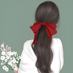 a painting of a woman with long hair and a red bow on her head holding flowers