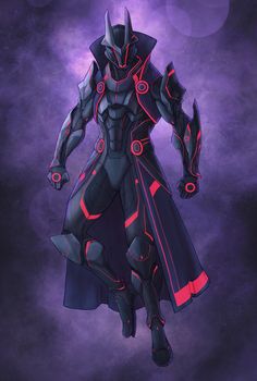 an image of a man in armor on a purple and black background with red lights