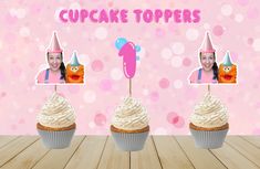 three cupcakes with pictures of people on them and the words cupcake toppers