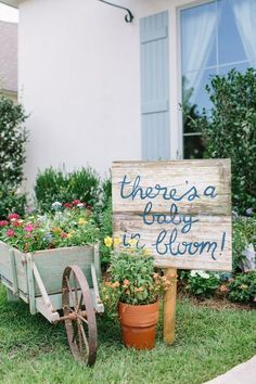 there is a sign that says there's a baby in bloom next to some flowers