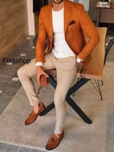 This is a Classy Rust Orange 2 Piece Suit by fixashop /crafted from high quality fabric and imported materials. Our products are handcrafted by experienced tailors who make sure the that the stitching is precise, lining is proper and the overall product is sturdy enough to not go out of shape for more than a few years. Also all our products have extra margins in their length, sleeves, sides so it's easily alterable if your size changes after some time. To see more available colours and designs in this collection, Check out the ' Collection' Section. *This is a 2 piece set of a Coat+pant  *We also offer customization so we can provide you an even better fit if you massage us your measurements (in inches) of Chest, Stomach, Waist, Hip, Shoulder and Actual Height after ordering. *Want this pr Mens Dress Outfits, Blazer Outfits Men, Mens Business Casual Outfits, Slim Fit Blazer, Mens Fashion Blazer, Men Fashion Casual Shirts, Mens Casual Dress Outfits, Slim Fit Blazers, Fashion Suits For Men