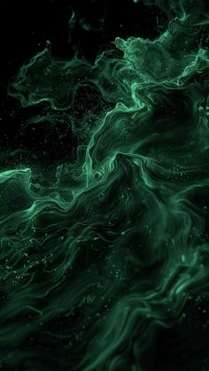 an abstract green and black background with swirling water waves in the foreground, as well as bubbles