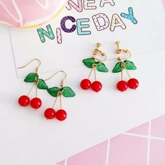 This Listing Is For The Hook Earrings For Pierced Ears. About 1.5 Inches Long. Yellow Gold. Handmade Earrings Silver Star Bracelet, Ghost Pins, Cherry Drop Earrings, Kawaii Earrings, Sweater Necklace, Cherry Earrings, Kawaii Stuff, Kawaii Jewelry, Cute Strawberry