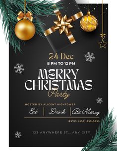 an elegant christmas party flyer with ornaments and presents on the blackboard, in gold and silver