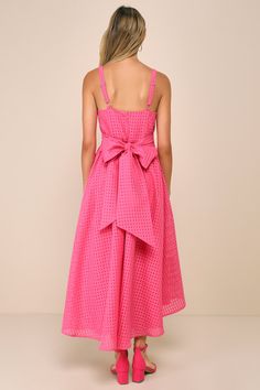 Chic Gingham Dress For Spring, Chic Gingham Midi Dress For Summer, Chic Gingham Maxi Dress For Summer, Pink Midi Dress With Smocked Back, Spring Gingham Maxi Dress, Pink Sleeveless Midi Dress With Smocked Back, Chic Gingham Maxi Dress, Spring Gingham Sleeveless Maxi Dress, Pink Square-neck Sundress With Tie Straps