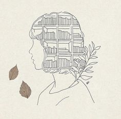 a drawing of a woman's head with bookshelves and leaves in front of her