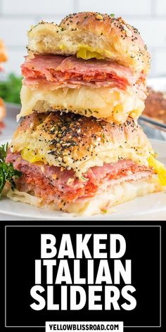 two sandwiches stacked on top of each other with the words baked italian sliders below