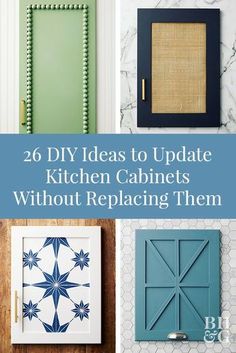 kitchen cabinets painted in different colors and designs with text overlay that reads, 20 diy ideas to update kitchen cabinets without replacing them