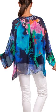 2-Piece Button Down Silk Blouse with Dolman Sleeves. Features a Multi-Color Ink Splash Print. Exterior: 100% Silk Interior: 95% Viscose | 5% Elastic Made in Italy One Size Model 5'8" Multicolor Silk Beach Blouse, Multicolor Print Long Sleeve Silk Blouse, Multicolor Print Silk Long Sleeve Blouse, Silk Long Sleeve Blouse In Multicolor Print, Multicolor Silk Blouse For Beach, Silk Long Sleeve Multicolor Print Blouse, Multicolor Print Long Sleeve Silk Top, Multicolor Print Silk Blouse For Spring, Spring Multicolor Silk Blouse