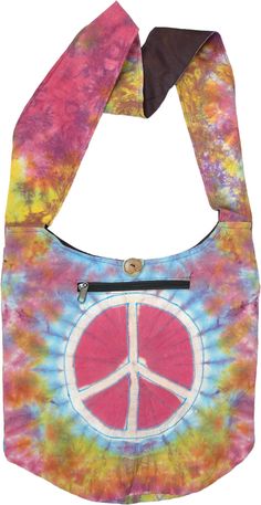 An attractive and colorful tie-dyed cotton shoulder bag with a bright peace sign - this hippie bag has all the things you need when you are out and traveling; a zipper pocket outside (not inside), a button and zipper closure on the top, long and comfortable strap and a round bottom for some extra depth.  The shoulder strap is long enough that can be comfortably worn across the shoulder or cross-body. #tlb #Pocket #Yoga #vacationclothing #TieDye #bohemianfashion #Bohemiancrossbodybag #tiedyecross Hippie Cotton Shoulder Bag For Travel, Hippie Bags With Adjustable Strap For Summer, Hippie Shoulder Bag For Everyday Use In Summer, Casual Pink Shoulder Bag For Festival, Hippie Multicolor Cotton Bags, Hippie Shoulder Bag For Summer Festival, Peace Sign Tie Dye, Hippie Purse, Dye Patterns