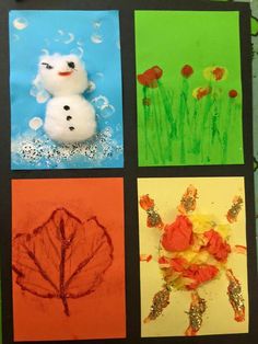 four different colored cards with pictures of flowers and leaves, one has a snowman