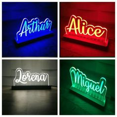 four different types of neon signs on display