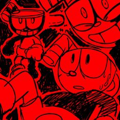 an image of a red background with black and white doodle style characters on it