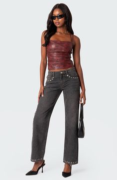 Add a little edge to your next ensemble with this burnished faux-leather tank top framed by side ruching. Square neck 100% polyester with polyurethane coating Hand wash, line dry Imported Womens Low Rise Jeans, Leather Tank Top, Womens White Jeans, Black Jeans Women, Faux Leather Top, Swimwear Dress, Cut Jeans, Denim Fabric, Leather Top