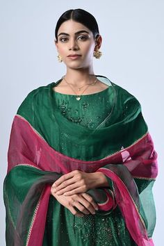 Green panelled kurta with dori floral hand embroidery and block prints. Paired with a contrast palazzo and color block dupatta. Comes along with an inner. - Aza Fashions Celebration Tissue Silk Kurta With Cutdana, Semi-stitched Silk Thread Kurta, Sheer Dupatta Sets For Celebrations And Transitional Season, Embroidered Cotton Silk Anarkali Set For Celebration, Silk Thread Sets With Zari Work, Silk Kurta With Dori Work For Celebration, Chanderi Set With Sheer Dupatta For Traditional Ceremonies, Festive Traditional Wear In Silk Thread, Embroidered Tissue Silk Sets For Celebration