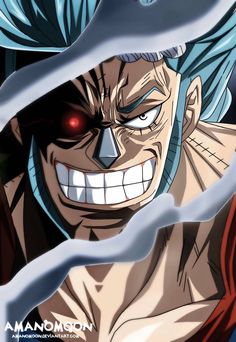 an anime character with blue hair and red eyes is smiling at the camera as he looks down