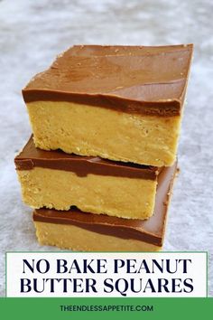 no bake peanut butter squares stacked on top of each other with text overlay