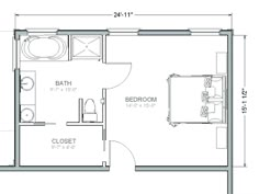 the floor plan for a bedroom and bathroom in one room, with an attached closet