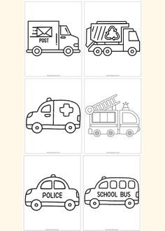 four different coloring pages with cars and trucks