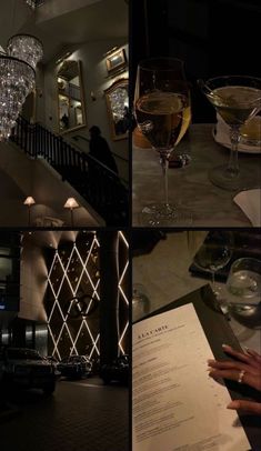 four different shots of wine glasses and menus on a table in front of stairs