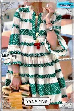 Sweet Geometric Print Baggy Dress Casual Green Dress With Geometric Pattern, Casual Green Tunic Mini Dress, Clothes Stores, Striped Print Dresses, Baggy Dresses, Loose Mini Dress, Dresses Printed, Stil Boho, Printed Casual Dresses