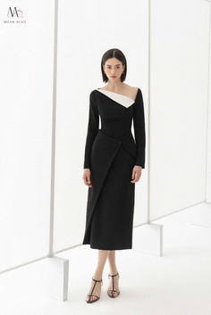 Enhancing its charm, the distinctive asymmetrical neckline of this piece adds an element of elegance, while the polycotton material ensures both comfort and style. Luxury Modern Asymmetrical Midi Dress, Luxury Black Midi Dress With Asymmetrical Hem, Luxury Chic White Asymmetrical Dress, Luxury Black Asymmetrical Midi Dress, Law School Outfit, Luxury Pre-draped Midi Dress With Asymmetrical Neckline, White Nike Shoes, Stylish Work Attire, Model Street Style