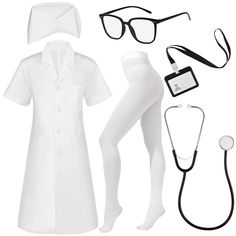 a white doctor's outfit with glasses, stethoscope and clipboard